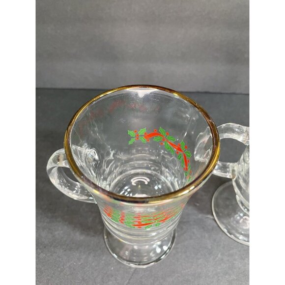 Vintage Libby Christmas Holly Berries Footed Irish Coffee Mug Set of 2 Gold Rim - Picture 7 of 10